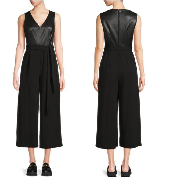 Calvin Klein Mix Media Cropped Jumpsuit Black with Faux Leather Top V-Neck 16 - Picture 2 of 9